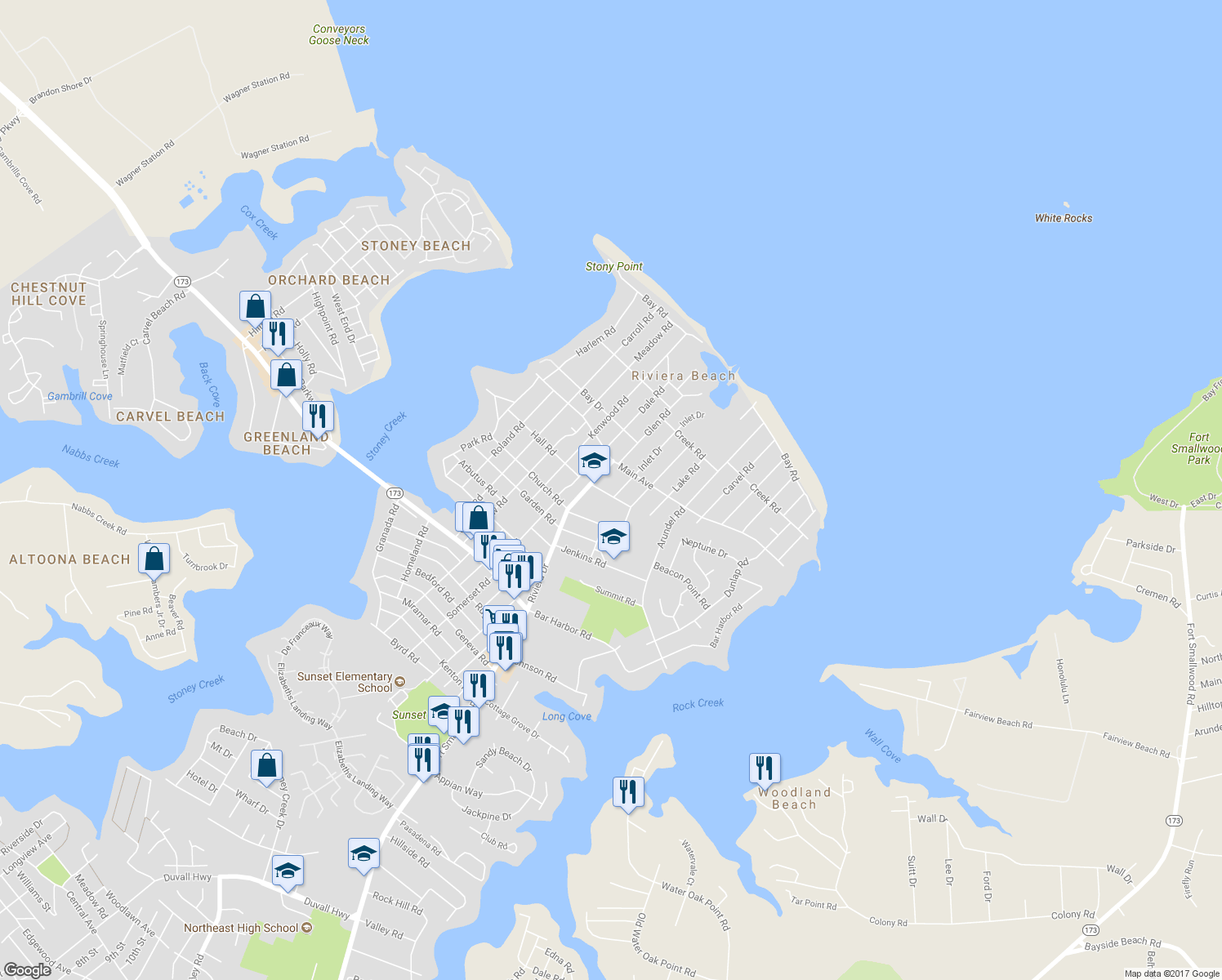 map of restaurants, bars, coffee shops, grocery stores, and more near 176 Inlet Drive in Pasadena
