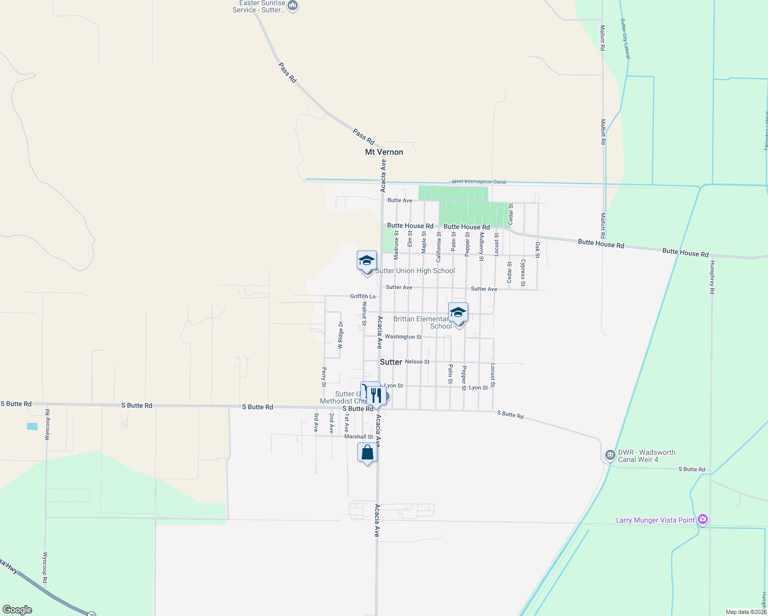 map of restaurants, bars, coffee shops, grocery stores, and more near 2419 Acacia Avenue in Sutter