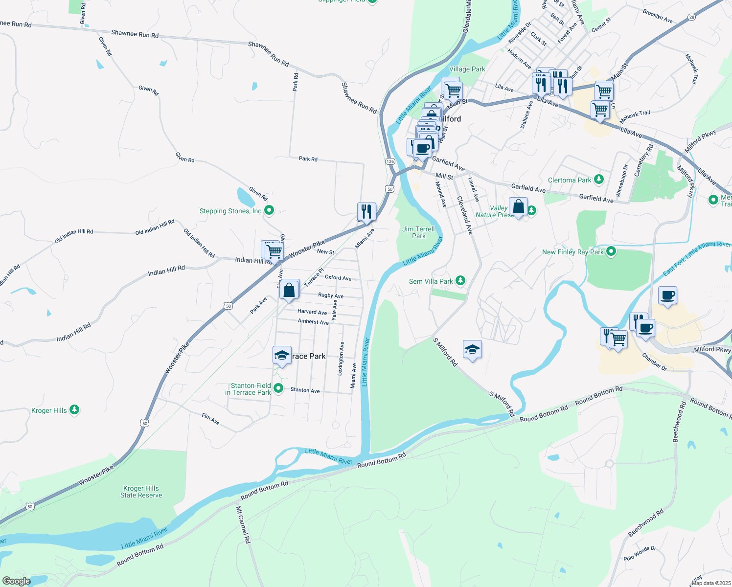 map of restaurants, bars, coffee shops, grocery stores, and more near 315 Miami Avenue in Terrace Park