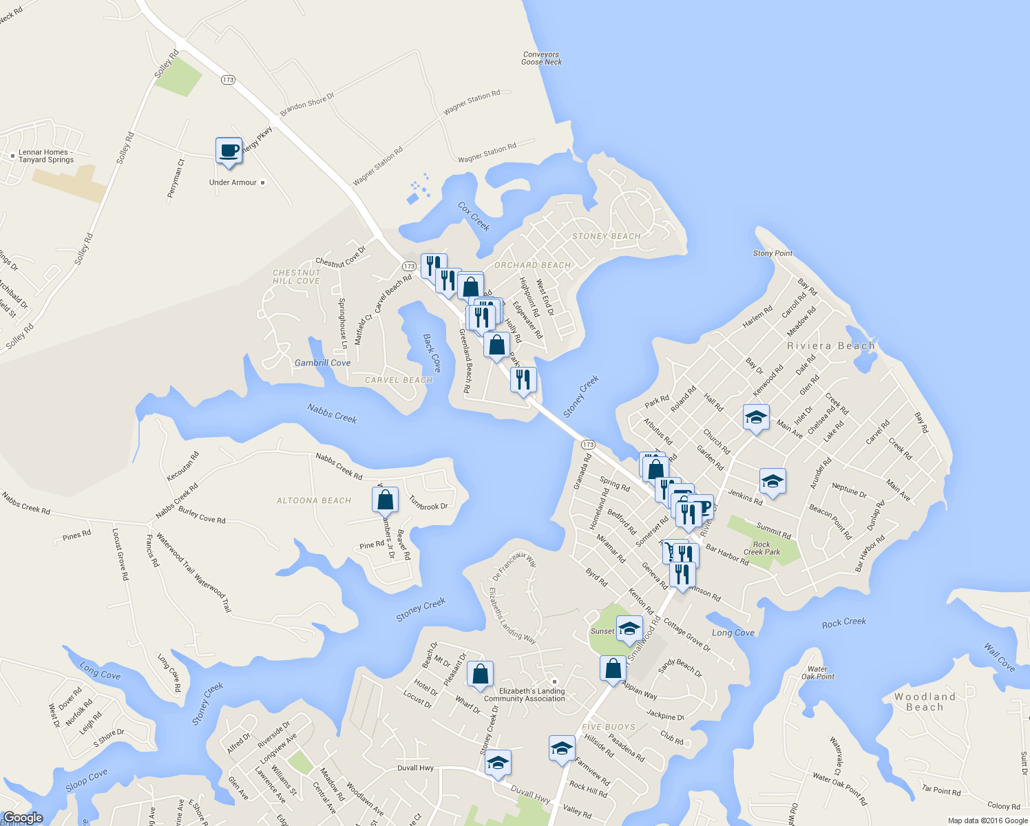 map of restaurants, bars, coffee shops, grocery stores, and more near 424 Greenland Beach Road in Riviera Beach