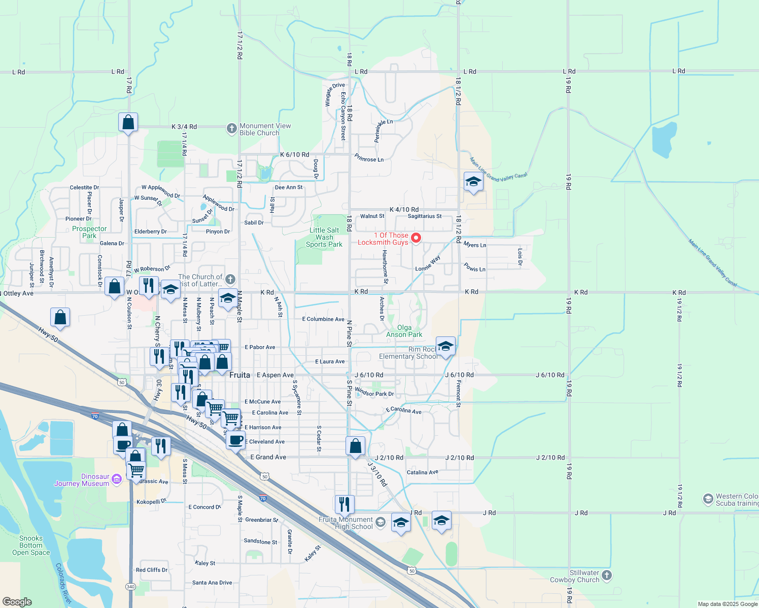 map of restaurants, bars, coffee shops, grocery stores, and more near 361 Arches Drive in Fruita