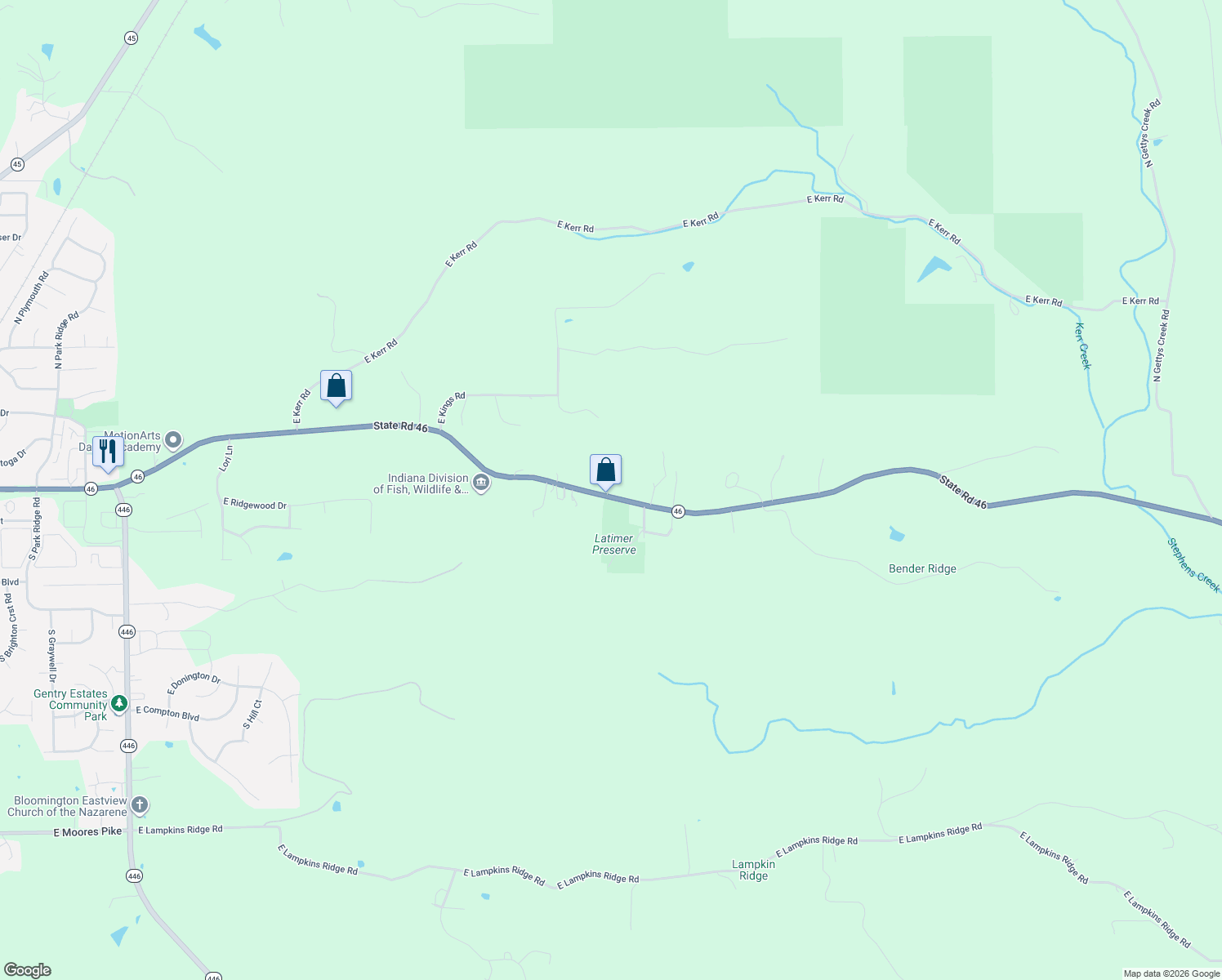 map of restaurants, bars, coffee shops, grocery stores, and more near 5870 State Road 46 in Bloomington