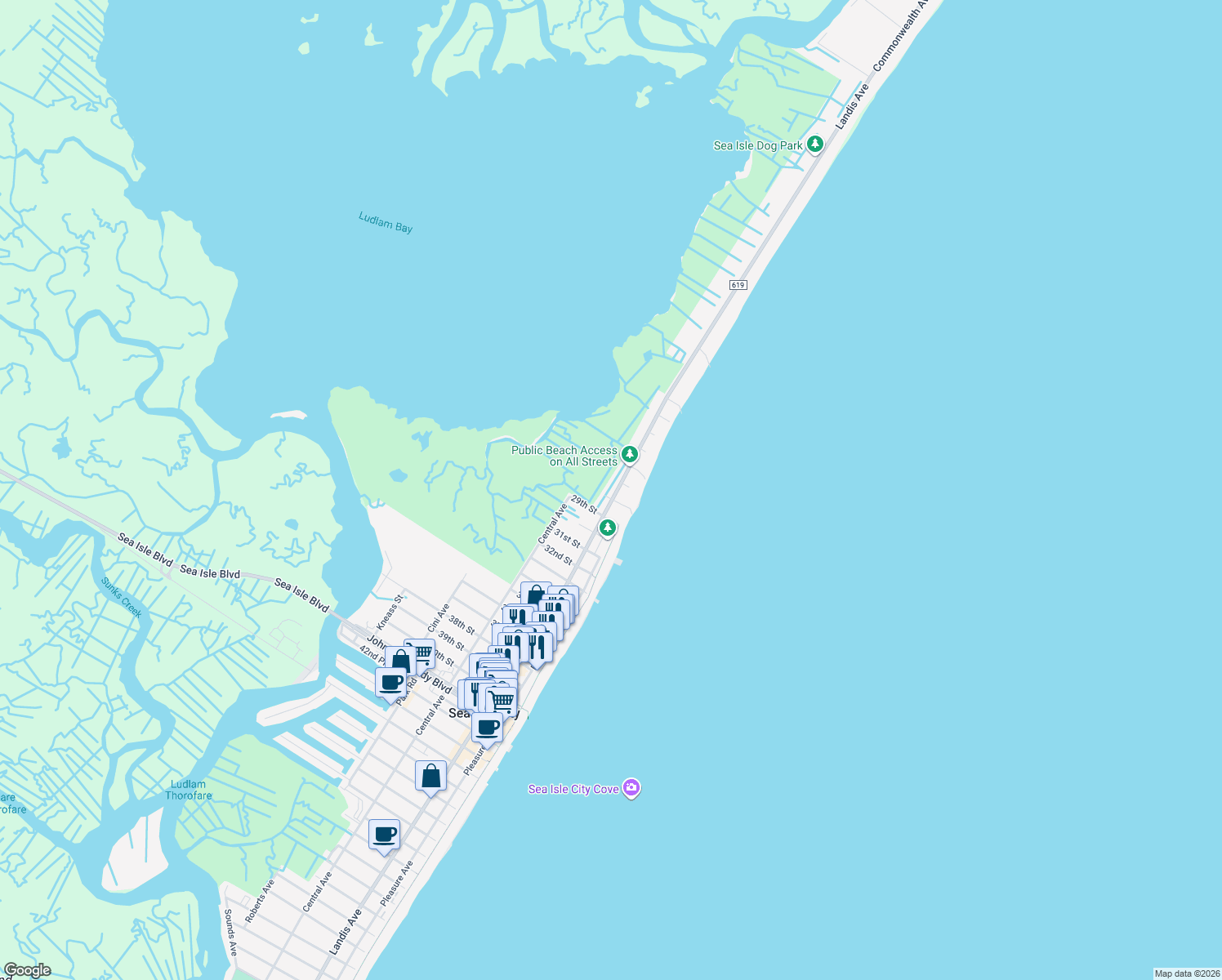 map of restaurants, bars, coffee shops, grocery stores, and more near 2710 Landis Avenue in Sea Isle City