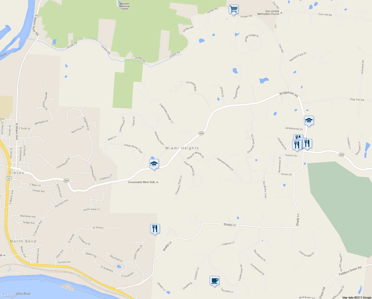 map of restaurants, bars, coffee shops, grocery stores, and more near 8407 Bridgetown Road in Cleves