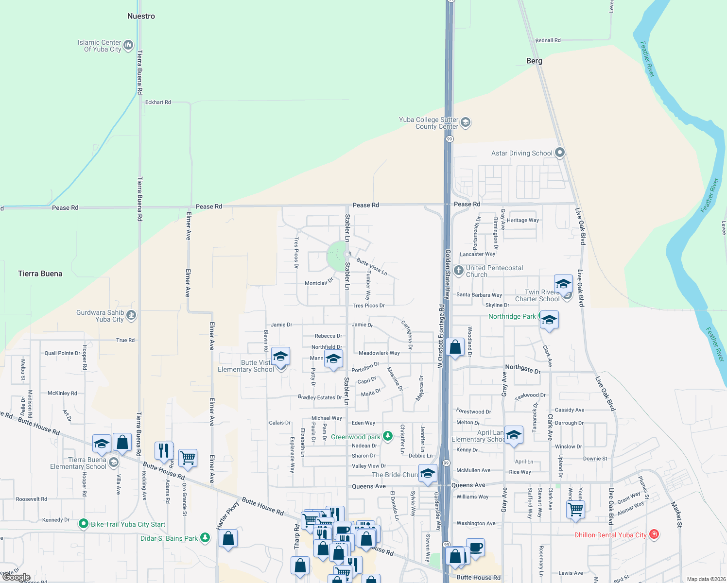 map of restaurants, bars, coffee shops, grocery stores, and more near 1545 Ravi Court in Yuba City