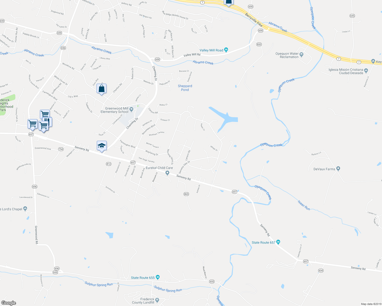 map of restaurants, bars, coffee shops, grocery stores, and more near 119 Canyon Road in Winchester