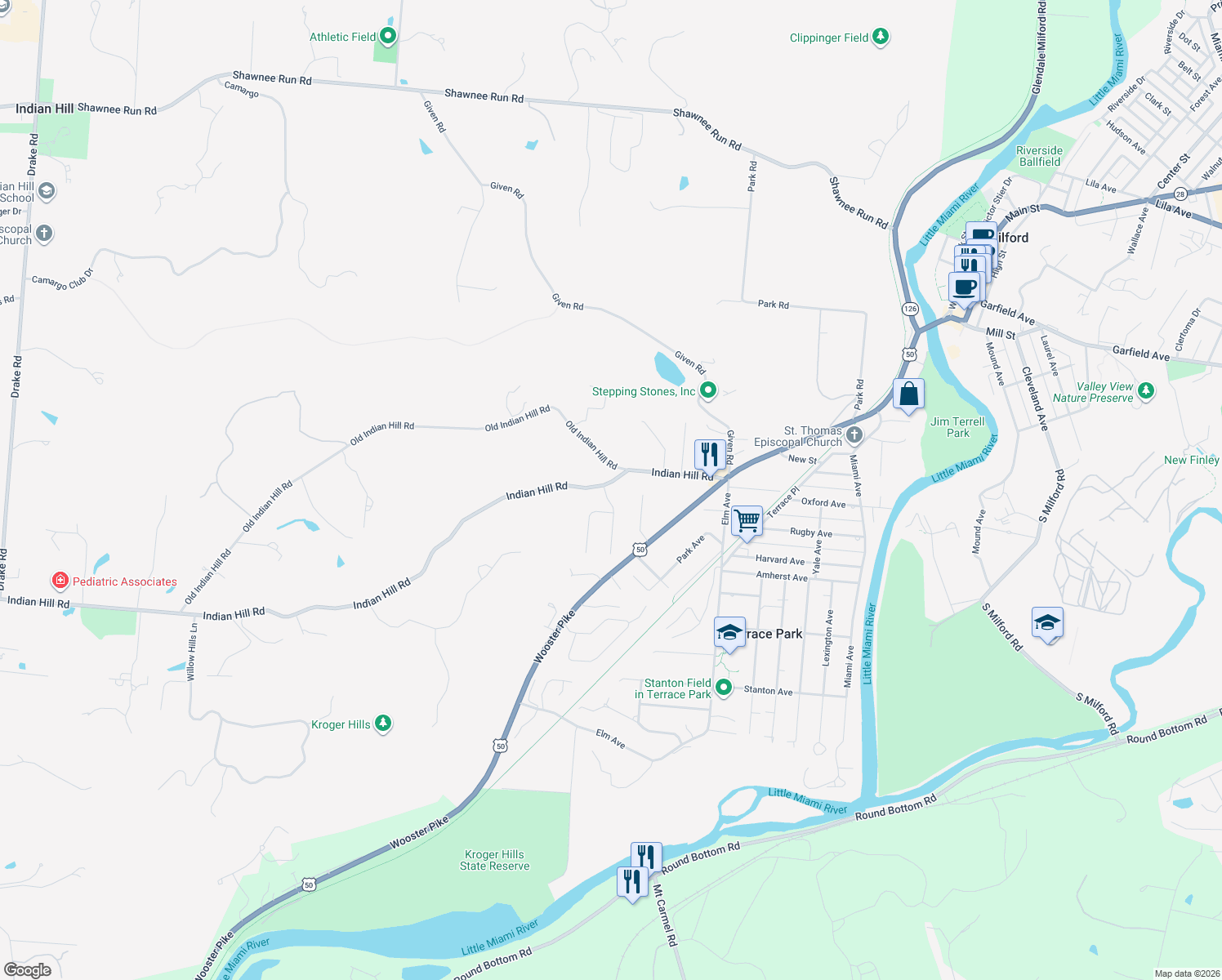 map of restaurants, bars, coffee shops, grocery stores, and more near 805 Indian Hill Rd in Terrace Park