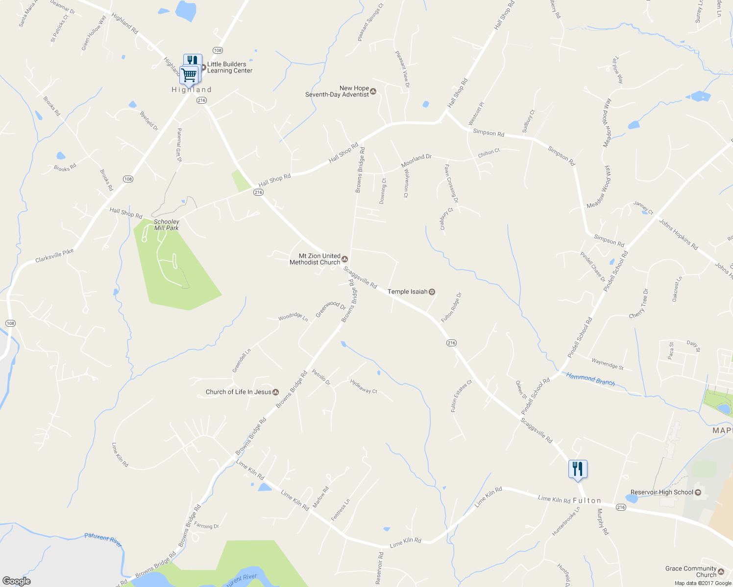 map of restaurants, bars, coffee shops, grocery stores, and more near 12351 Scaggsville Road in Fulton