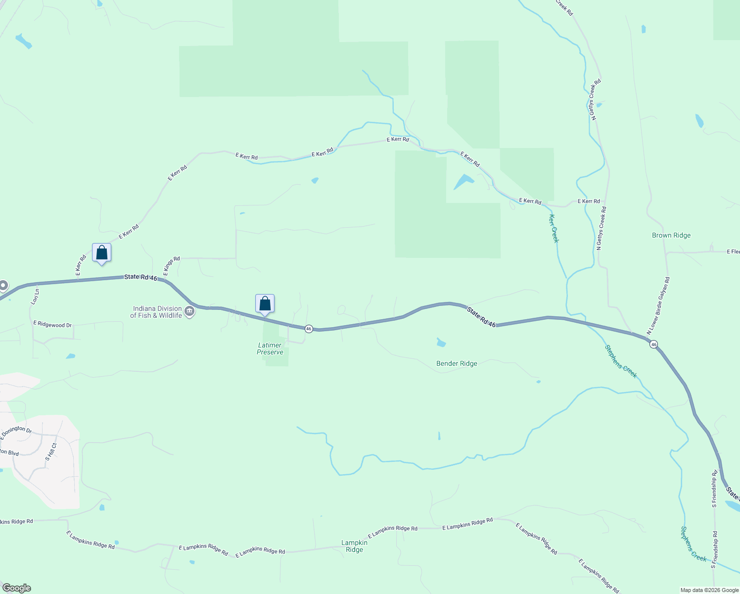 map of restaurants, bars, coffee shops, grocery stores, and more near 6469 Indiana 46 in Bloomington