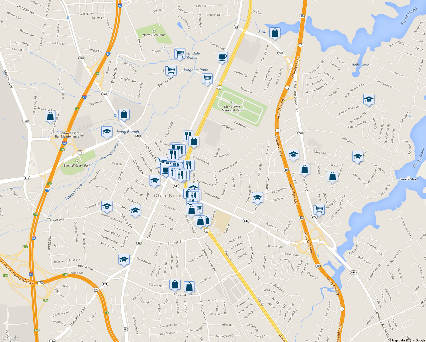 map of restaurants, bars, coffee shops, grocery stores, and more near 330 New Jersey Avenue Northeast in Glen Burnie