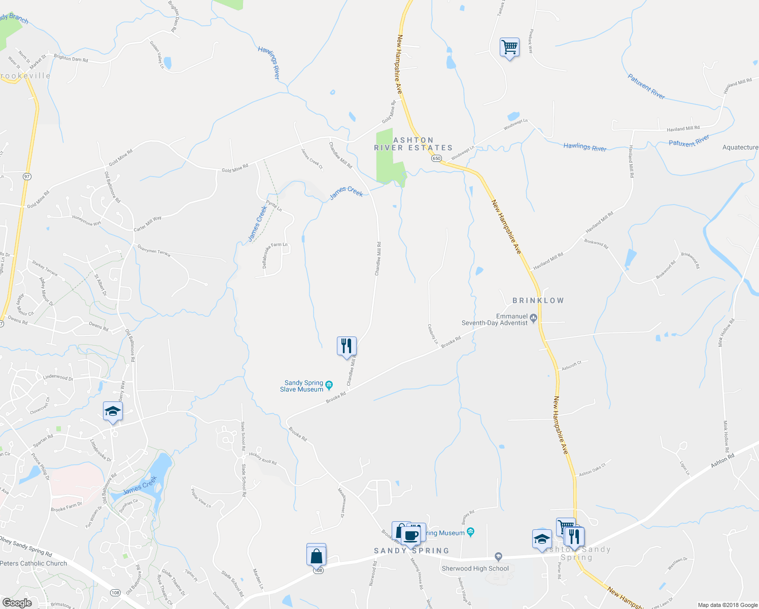 map of restaurants, bars, coffee shops, grocery stores, and more near 18901 Chandlee Mill Rd in Montgomery