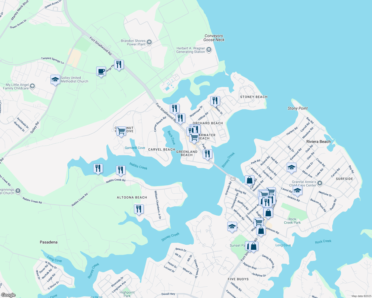map of restaurants, bars, coffee shops, grocery stores, and more near 200 Greenland Beach Road in Riviera Beach