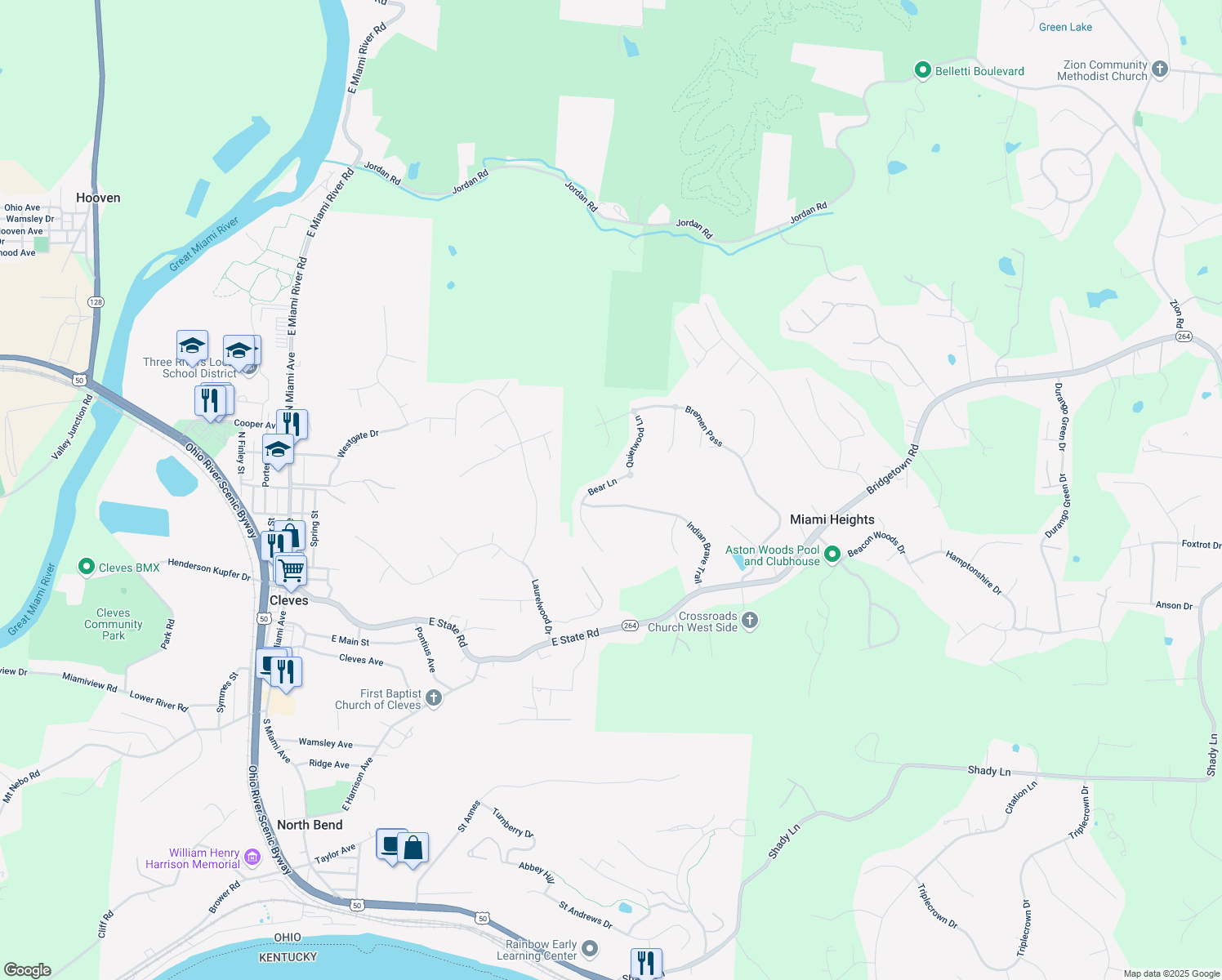 map of restaurants, bars, coffee shops, grocery stores, and more near 3970 Bear Lane in Cleves