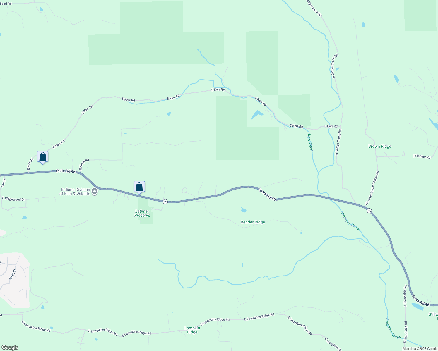 map of restaurants, bars, coffee shops, grocery stores, and more near 6469 State Road 46 in Bloomington