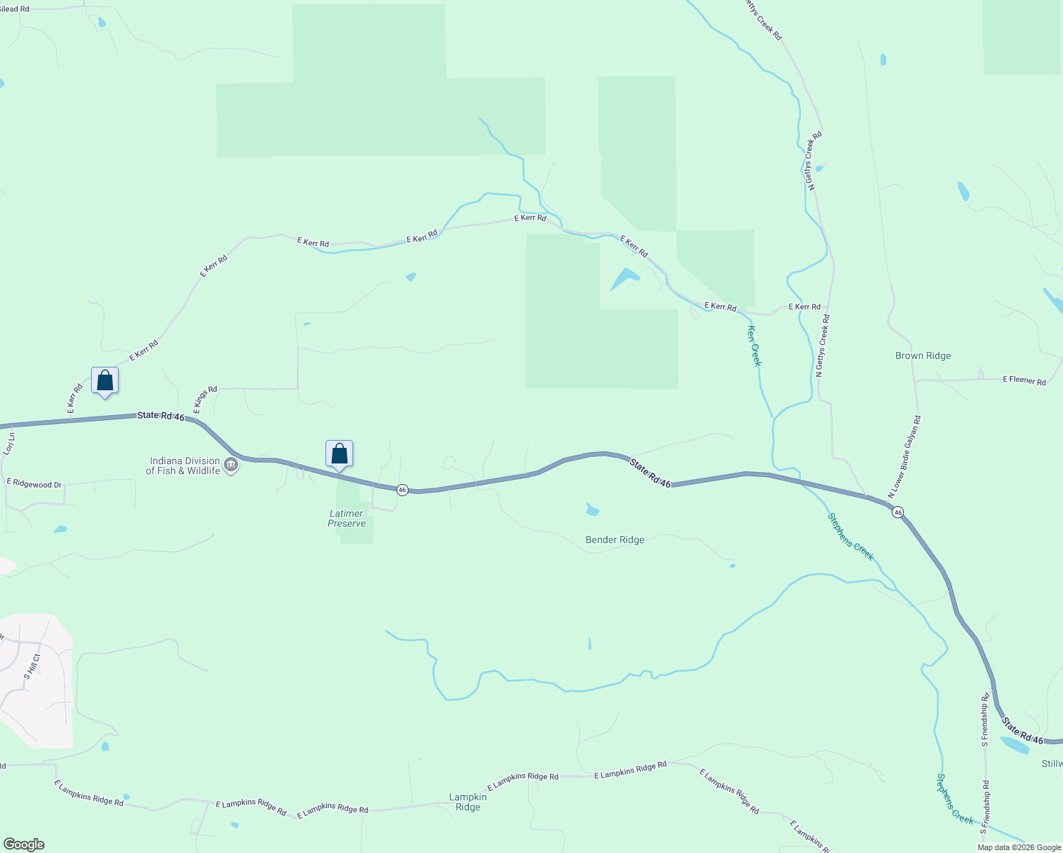 map of restaurants, bars, coffee shops, grocery stores, and more near 6469 State Road 46 in Bloomington