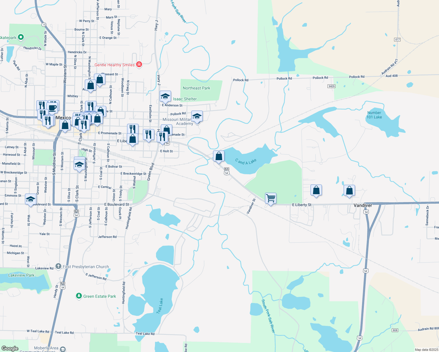 map of restaurants, bars, coffee shops, grocery stores, and more near 1636 East Liberty Street in Mexico