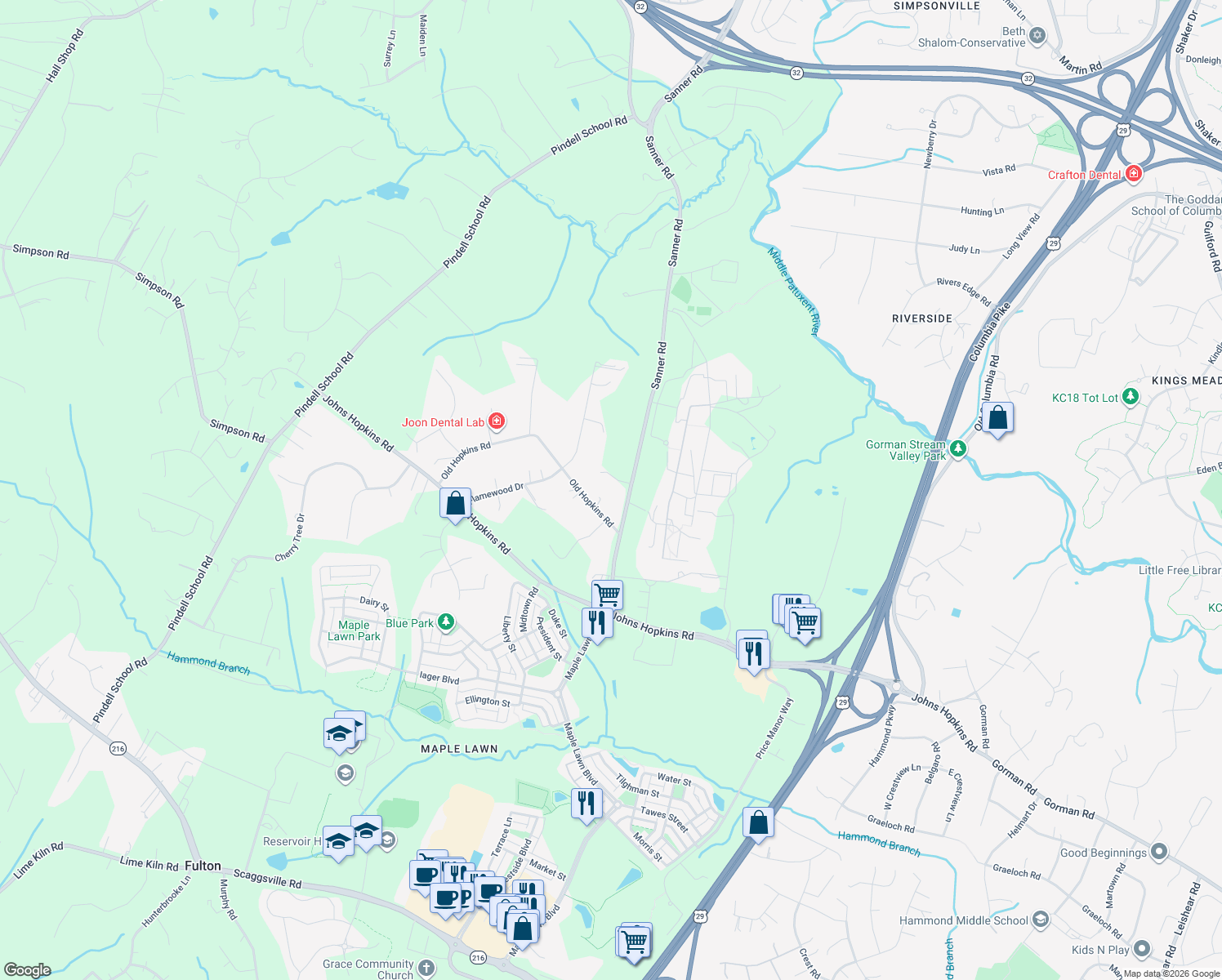 map of restaurants, bars, coffee shops, grocery stores, and more near 11205 Joan Marie Court in Clarksville