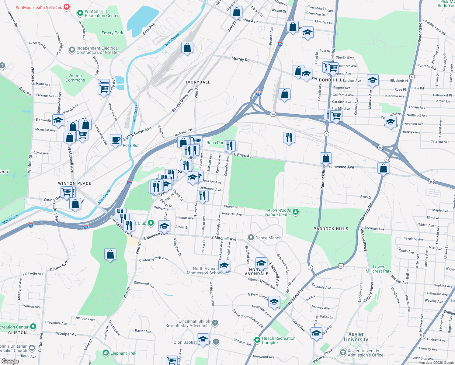 map of restaurants, bars, coffee shops, grocery stores, and more near 4702 Greenlee Avenue in Cincinnati