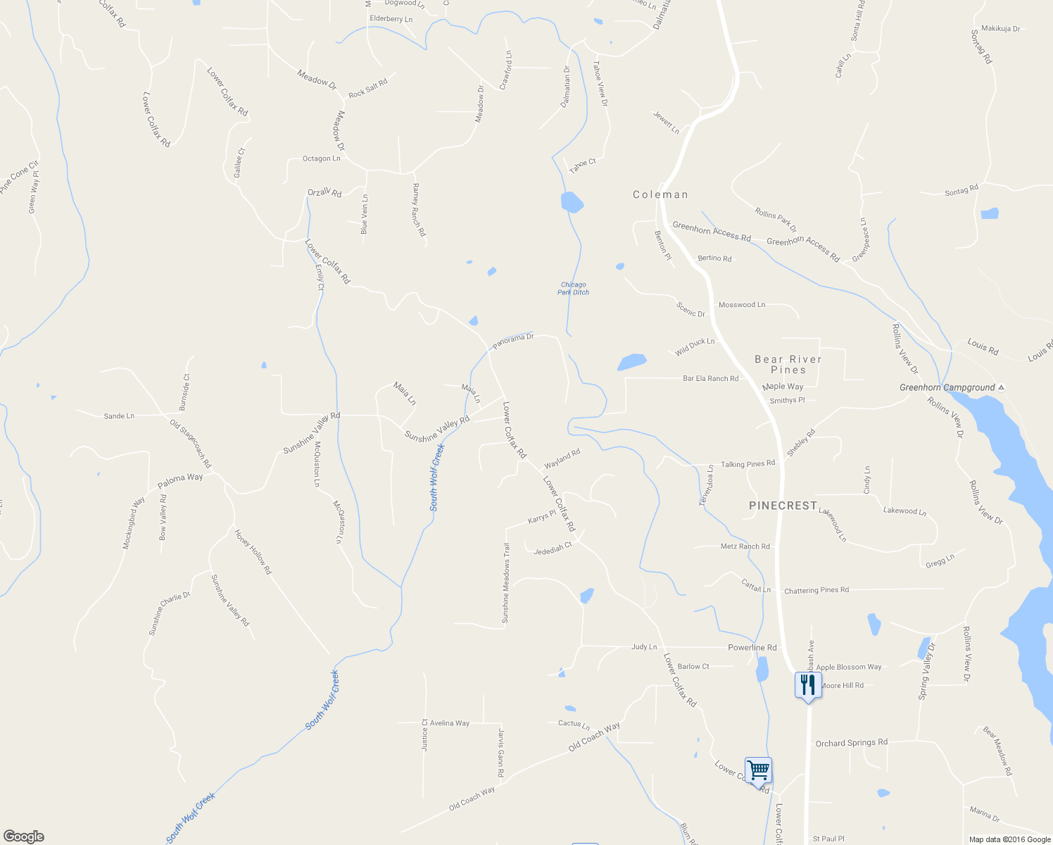 map of restaurants, bars, coffee shops, grocery stores, and more near 15722 Lower Colfax Road in Grass Valley