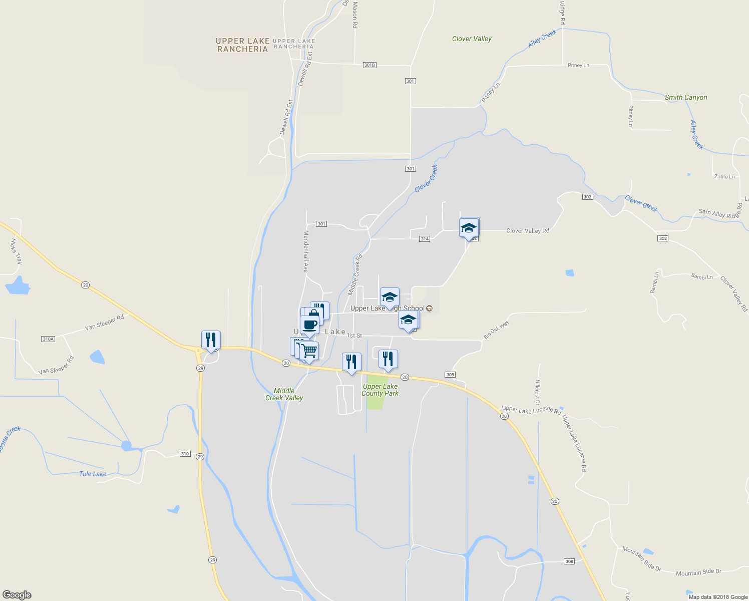 map of restaurants, bars, coffee shops, grocery stores, and more near 9681 Elliott Street in Upper Lake
