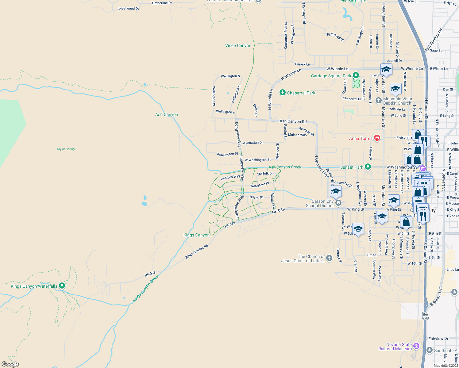 map of restaurants, bars, coffee shops, grocery stores, and more near 2634 Waterford Place in Carson City