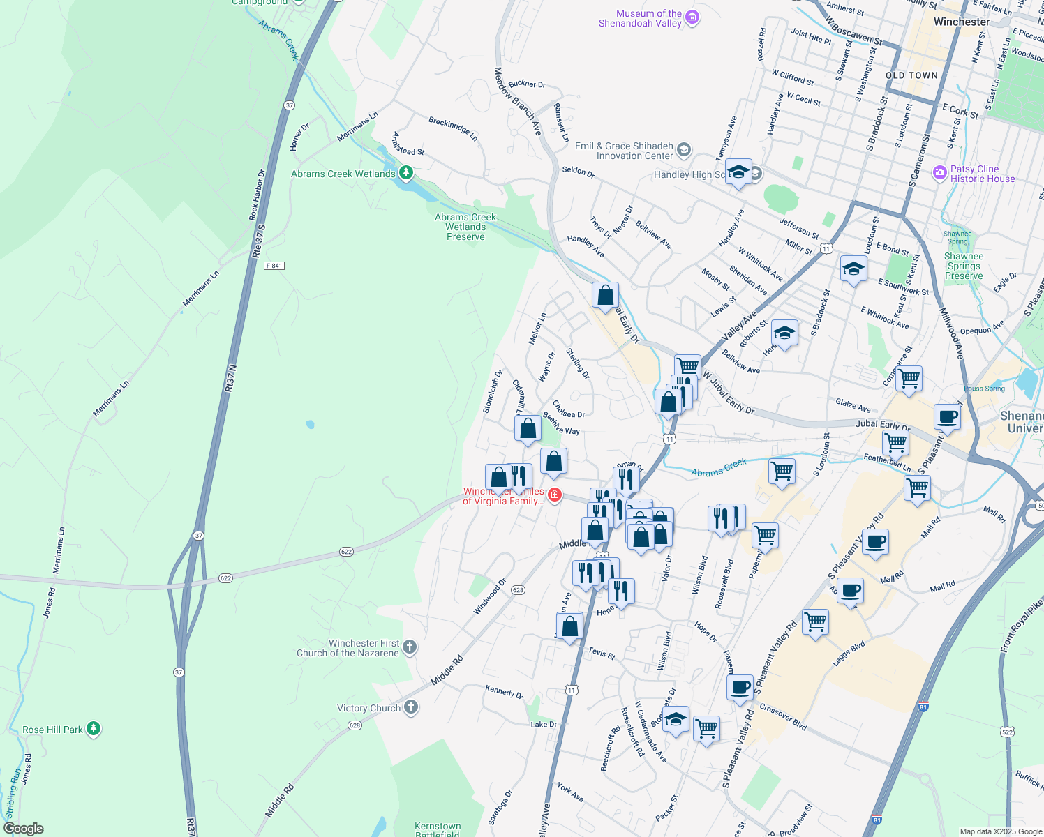 map of restaurants, bars, coffee shops, grocery stores, and more near 2080 Cidermill Lane in Winchester