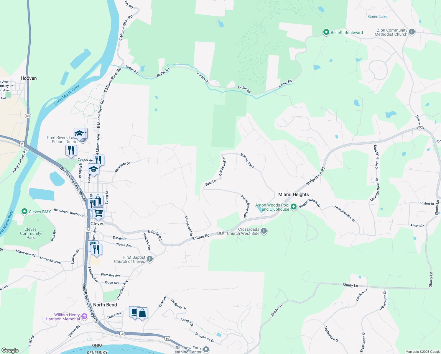 map of restaurants, bars, coffee shops, grocery stores, and more near 8702 Quietwood Lane in Cleves