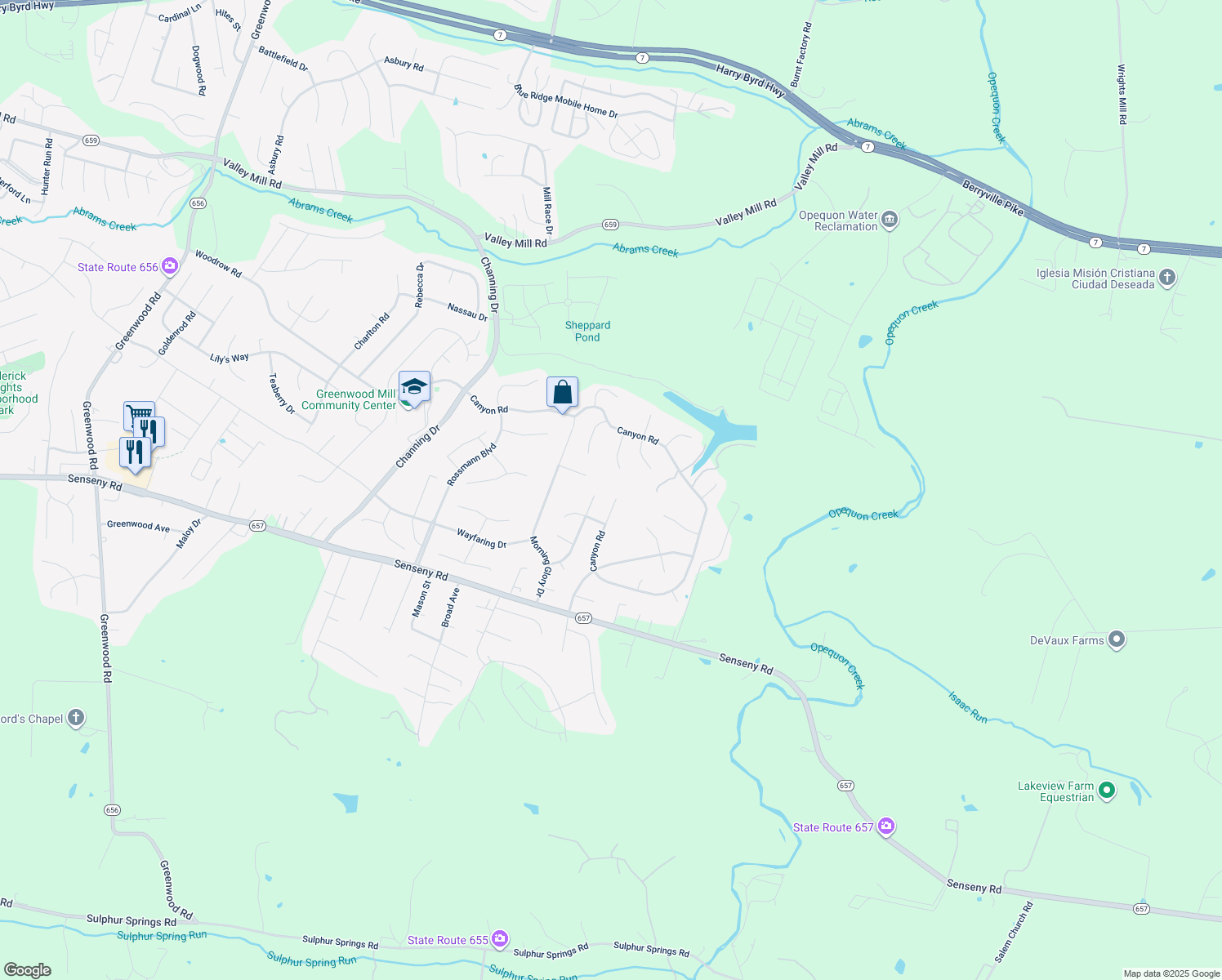 map of restaurants, bars, coffee shops, grocery stores, and more near 102 Canyon Road in Winchester