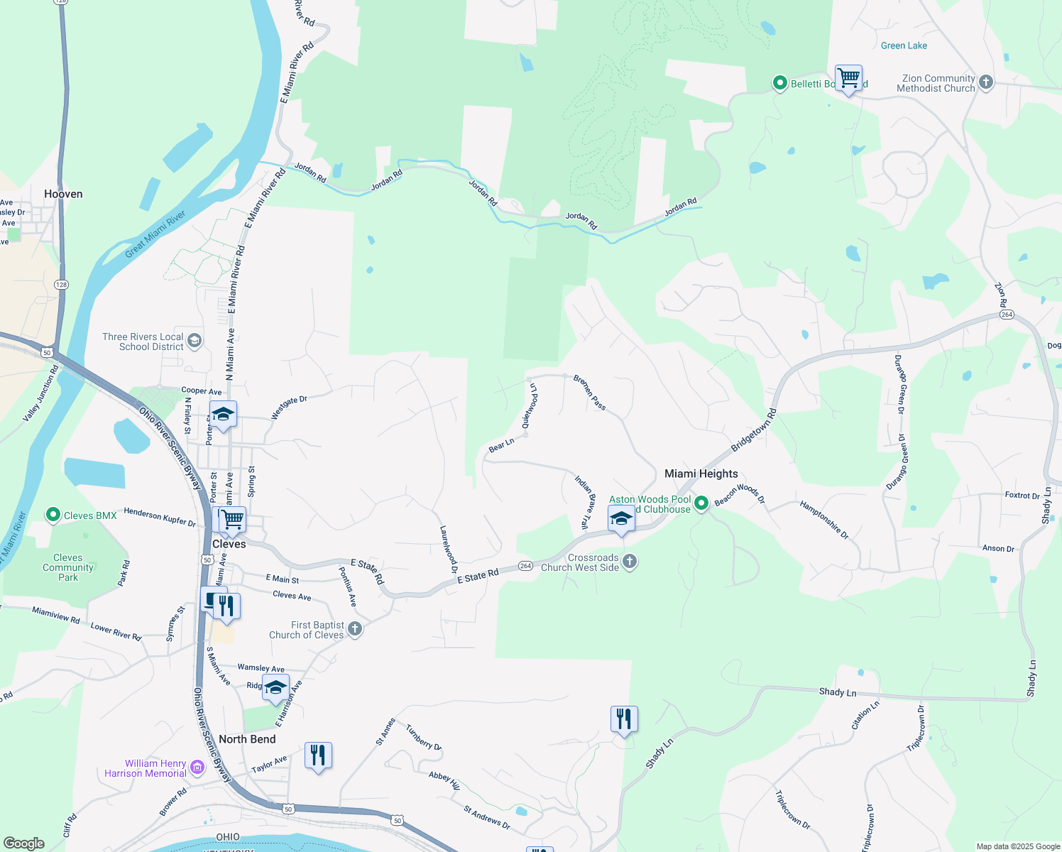 map of restaurants, bars, coffee shops, grocery stores, and more near 8702 Quietwood Lane in Cleves