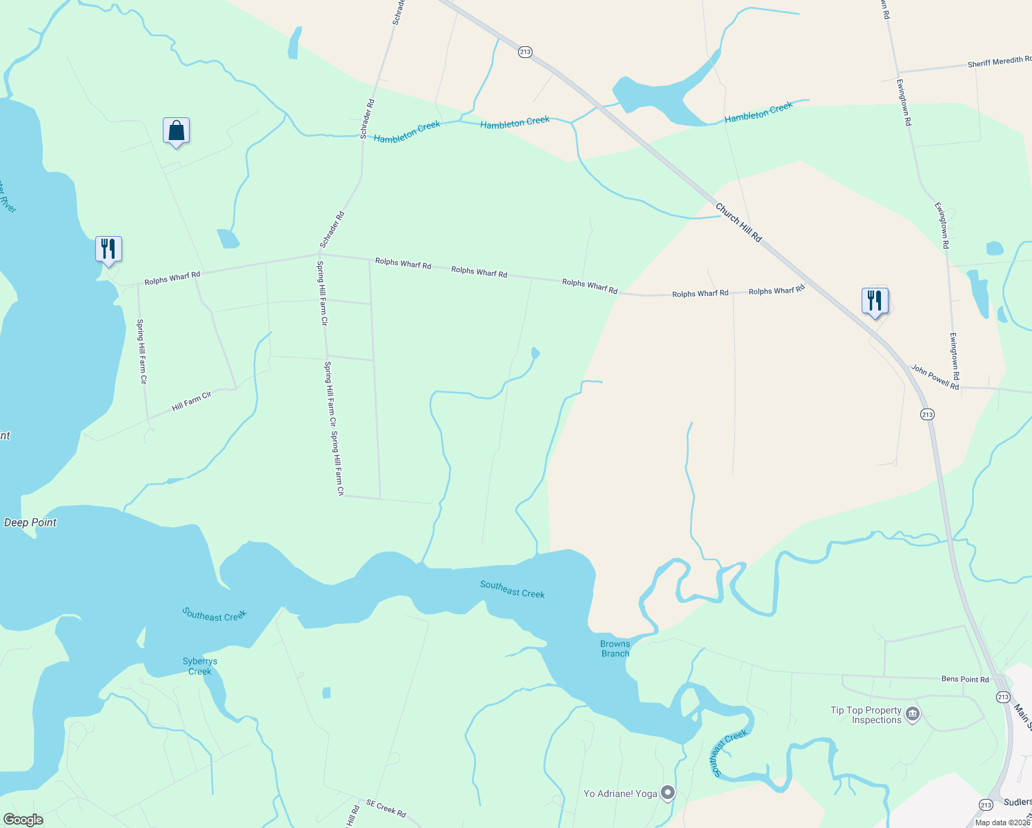 map of restaurants, bars, coffee shops, grocery stores, and more near 401 Rolphs Wharf Road in Chestertown