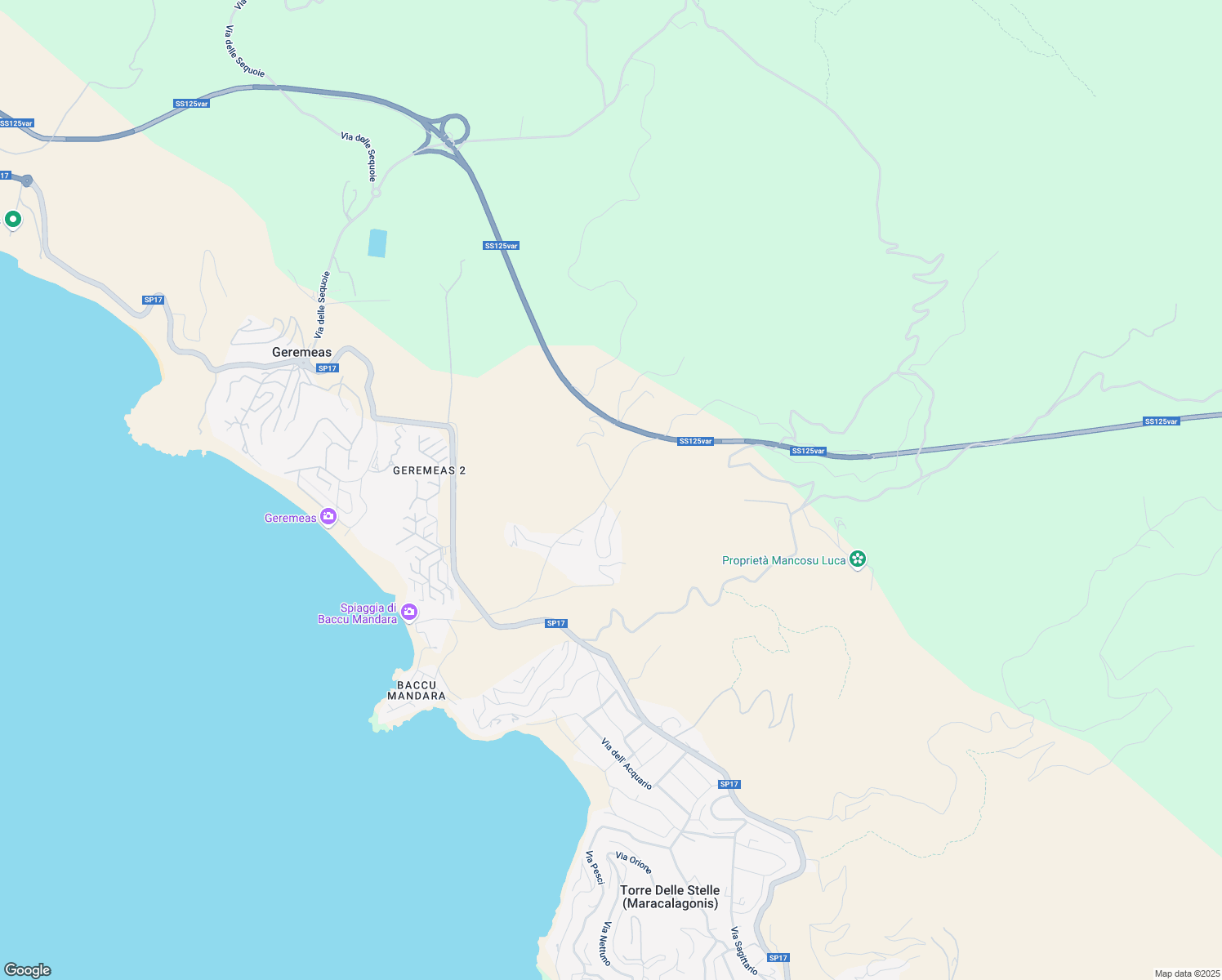 map of restaurants, bars, coffee shops, grocery stores, and more near SS125var in Cagliari