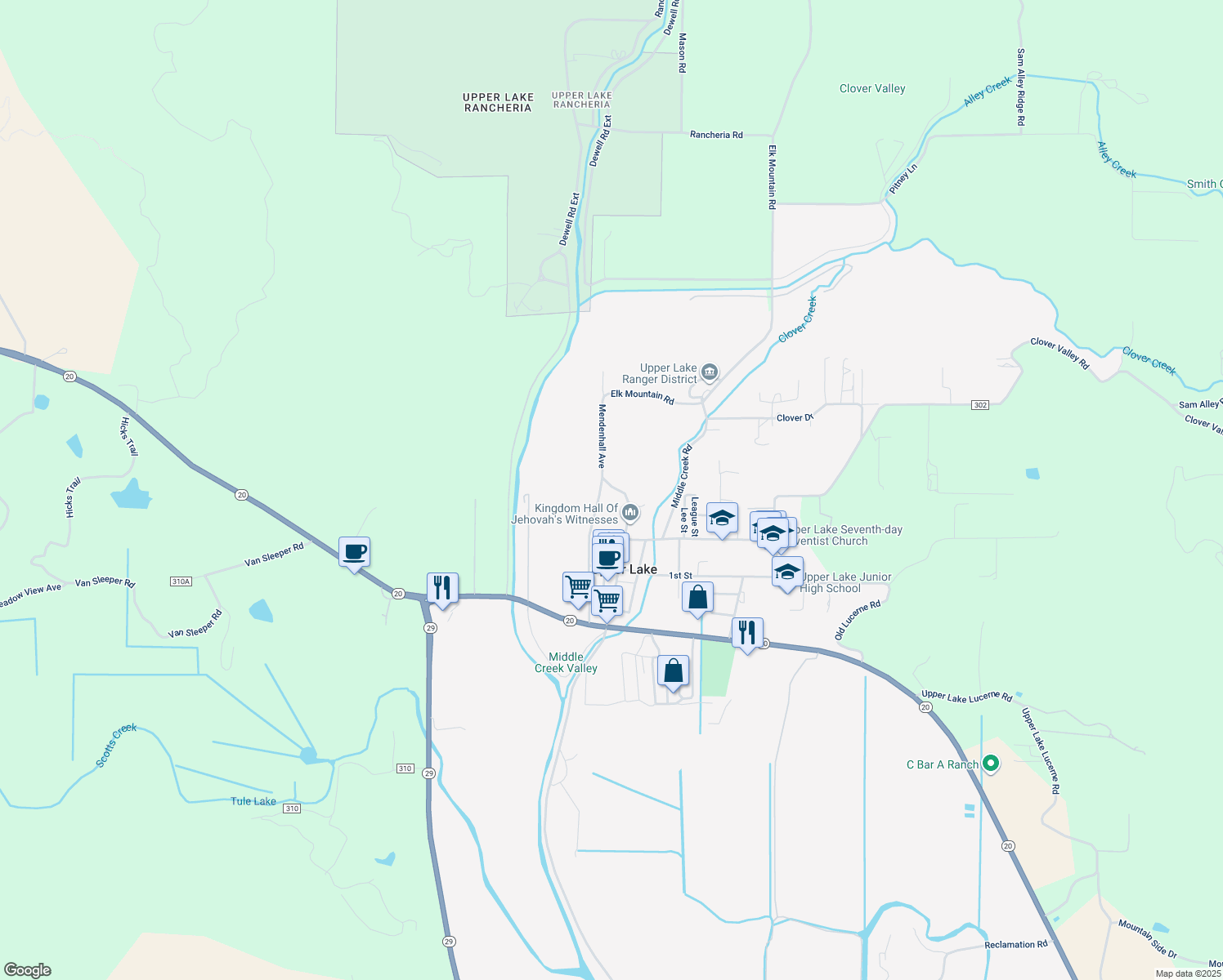 map of restaurants, bars, coffee shops, grocery stores, and more near 9765 Main Street in Upper Lake