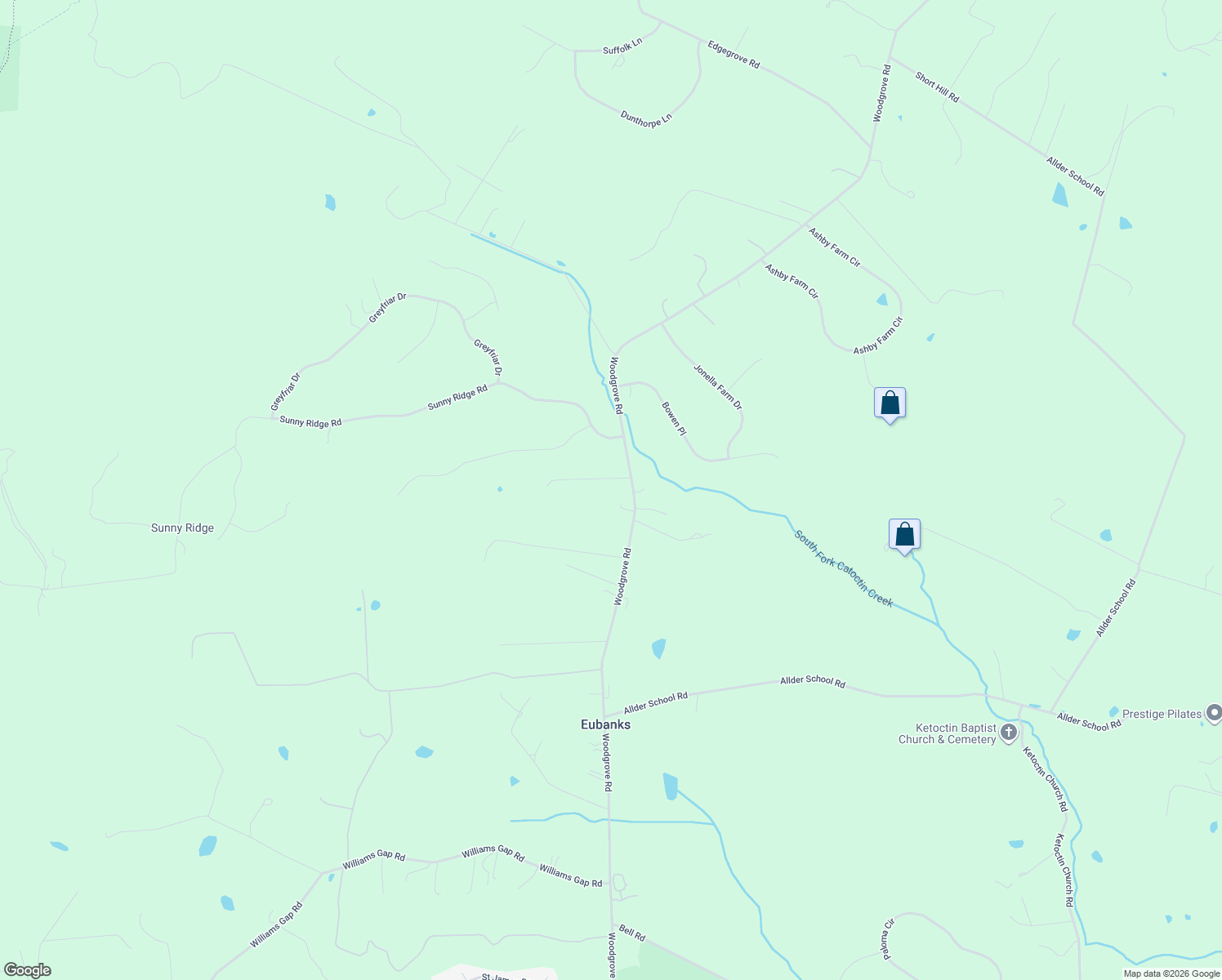 map of restaurants, bars, coffee shops, grocery stores, and more near 16247 Woodgrove Road in Round Hill