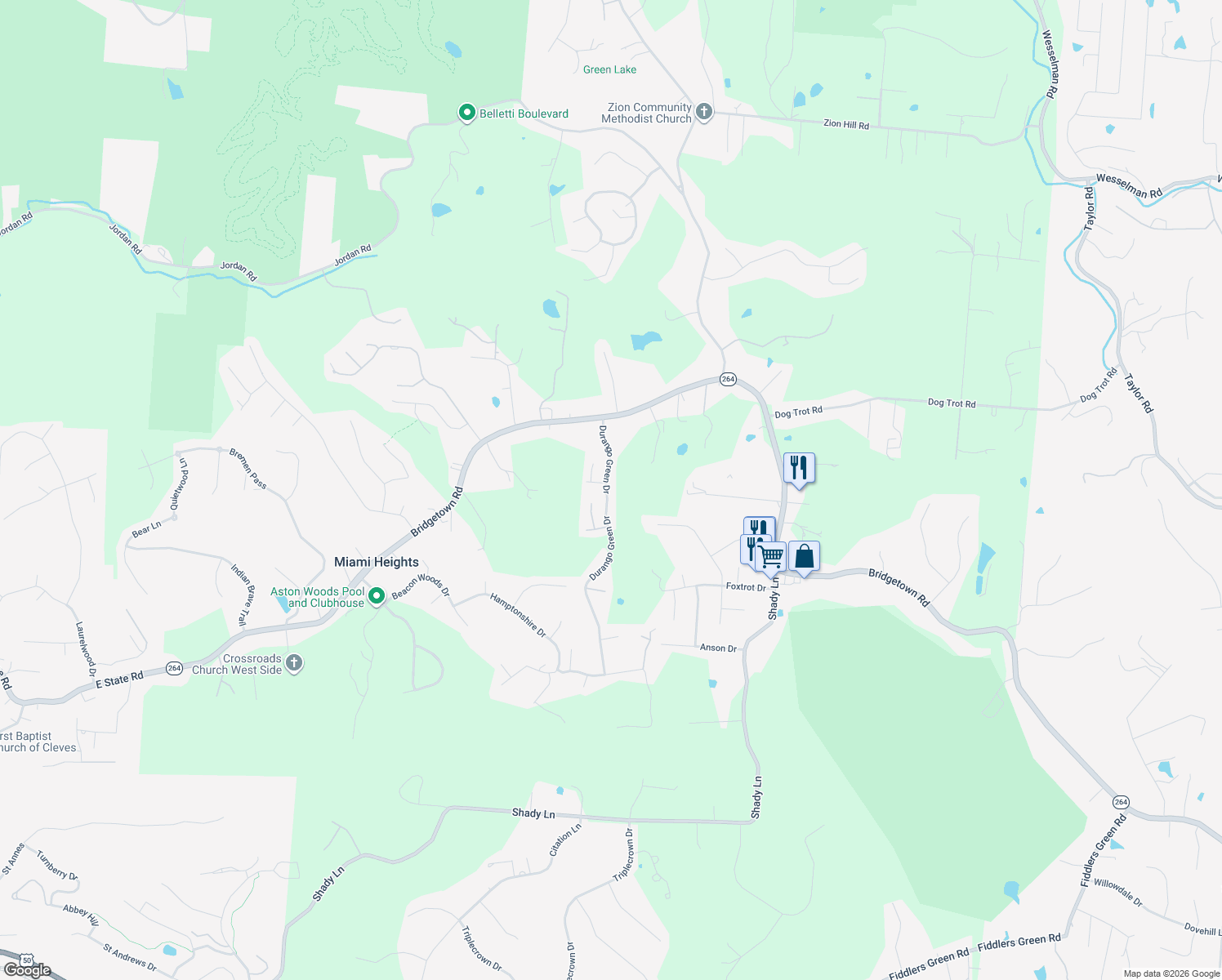 map of restaurants, bars, coffee shops, grocery stores, and more near 3990 Durango Green Drive in Cleves