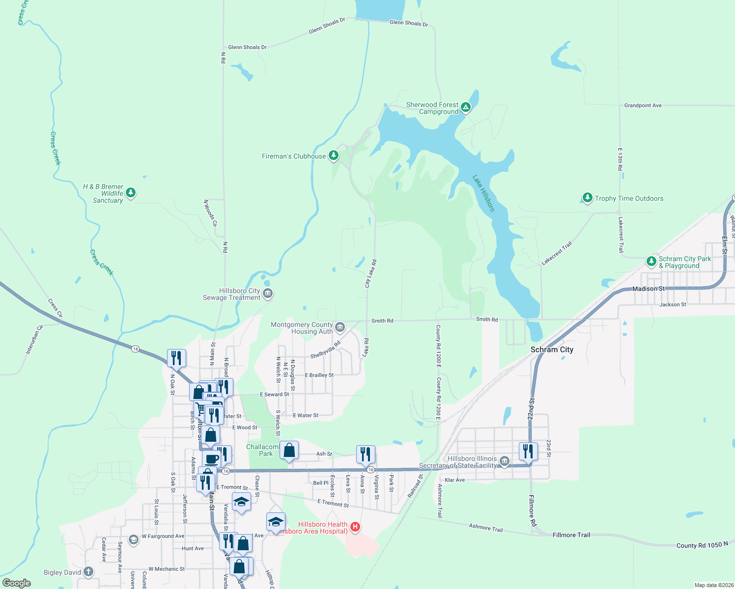map of restaurants, bars, coffee shops, grocery stores, and more near 712 City Lake Rd in Hillsboro