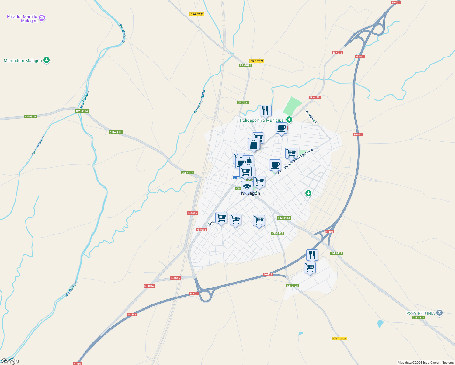 map of restaurants, bars, coffee shops, grocery stores, and more near 10 Calle Río in Malagón