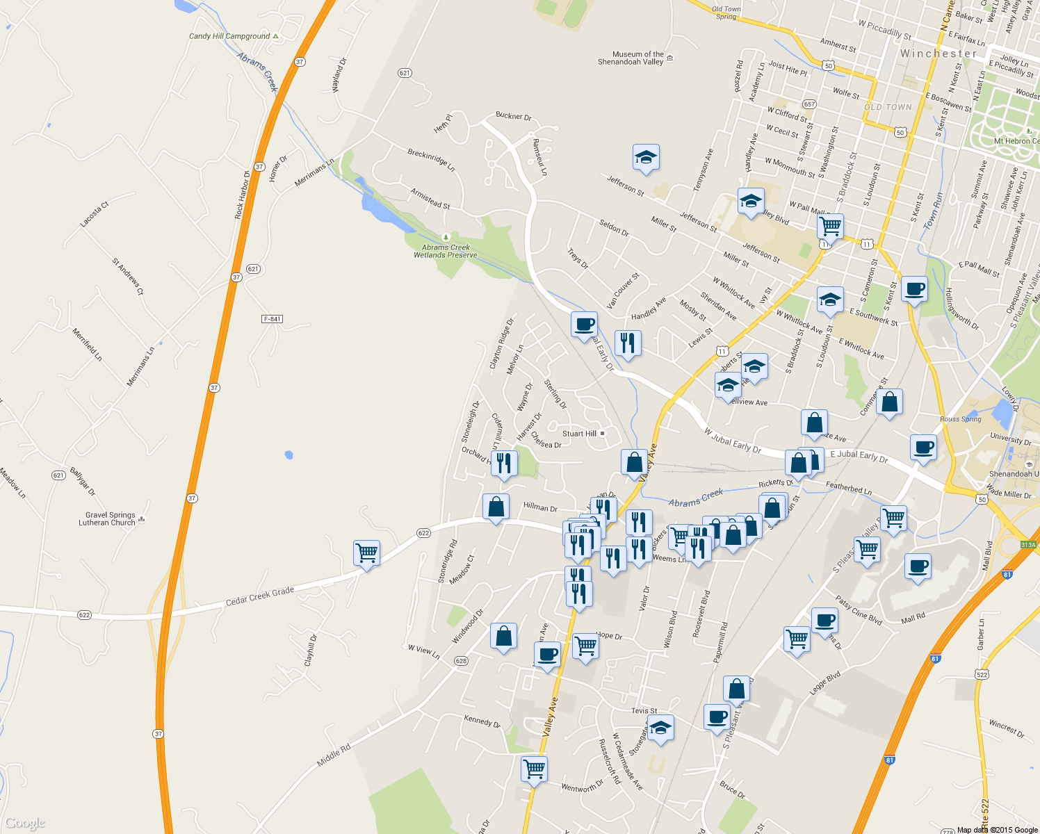 map of restaurants, bars, coffee shops, grocery stores, and more near 910 Wayne Drive in Winchester