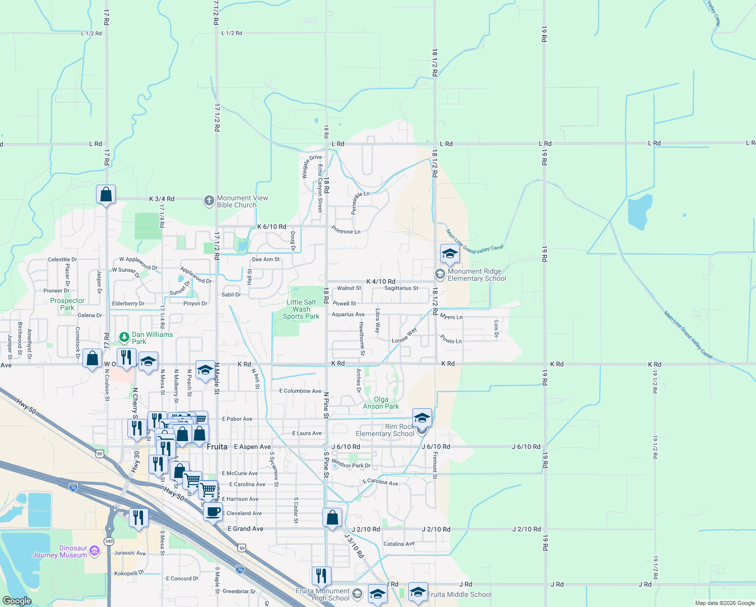 map of restaurants, bars, coffee shops, grocery stores, and more near 599 Libra Way in Fruita