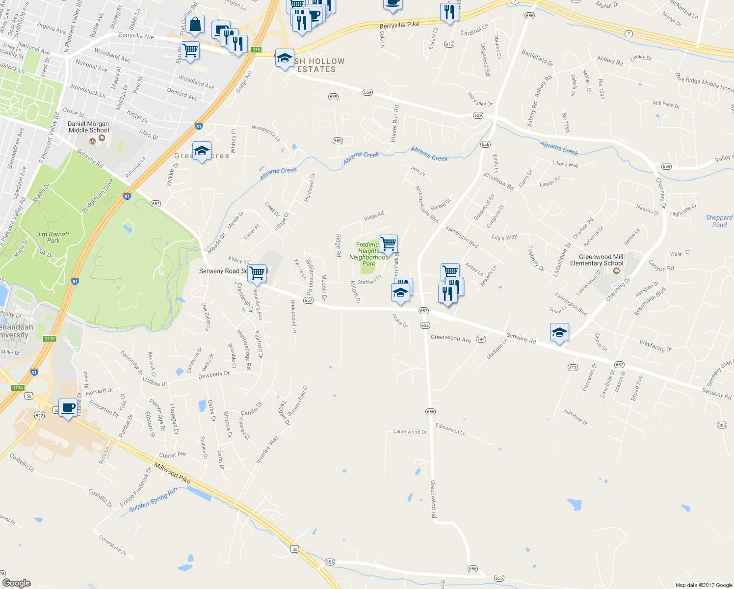 map of restaurants, bars, coffee shops, grocery stores, and more near 106 Milam Drive in Winchester