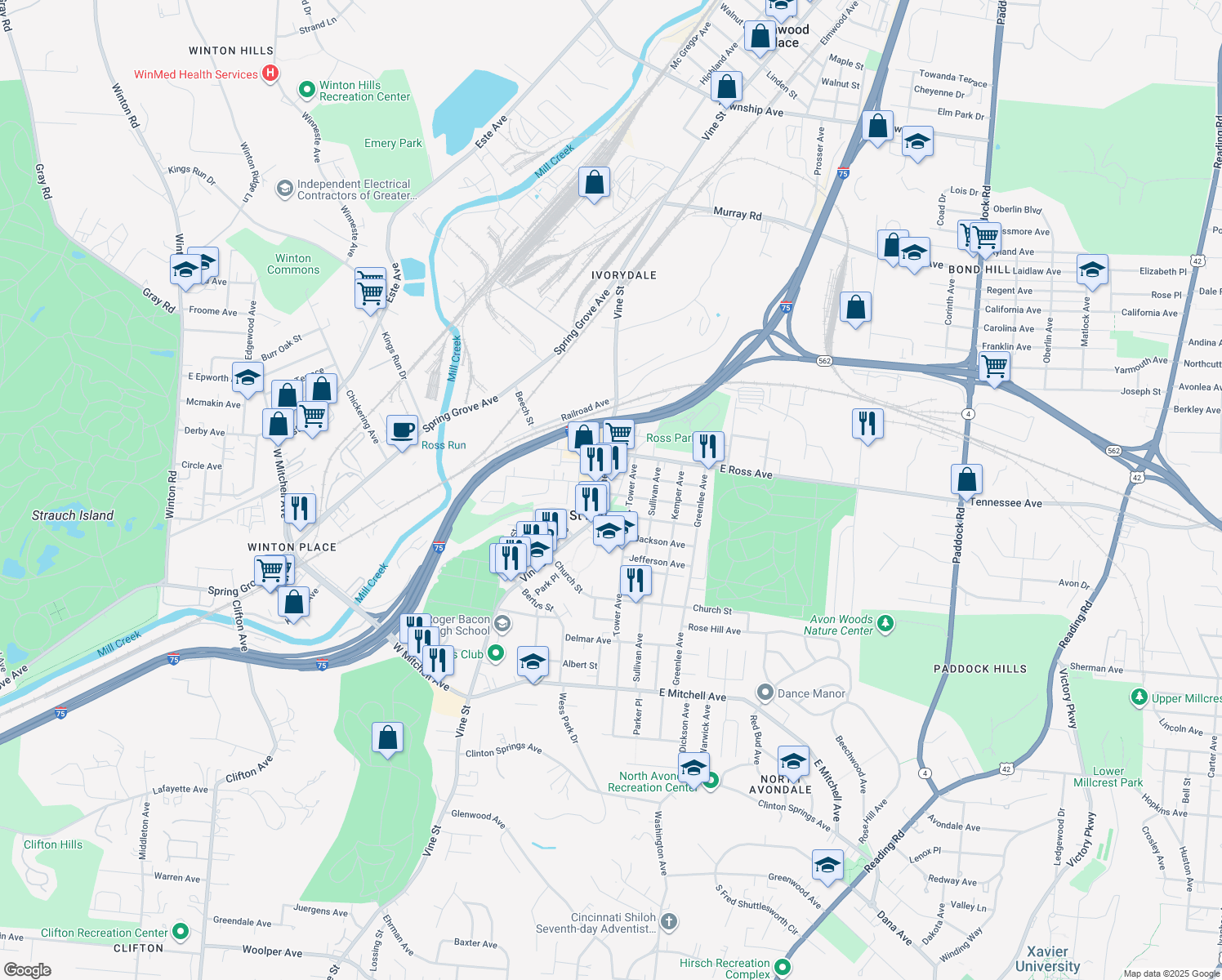 map of restaurants, bars, coffee shops, grocery stores, and more near 4828 Vine Street in Cincinnati