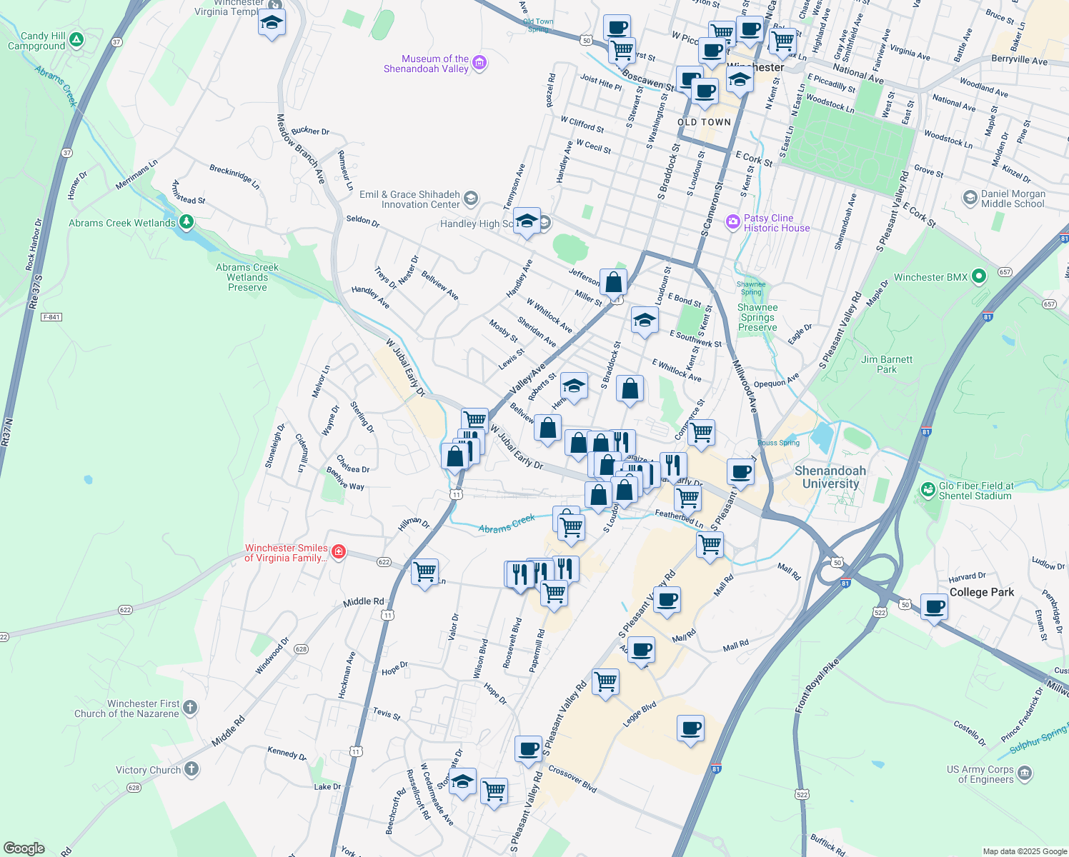map of restaurants, bars, coffee shops, grocery stores, and more near 207 Bellview Avenue in Winchester