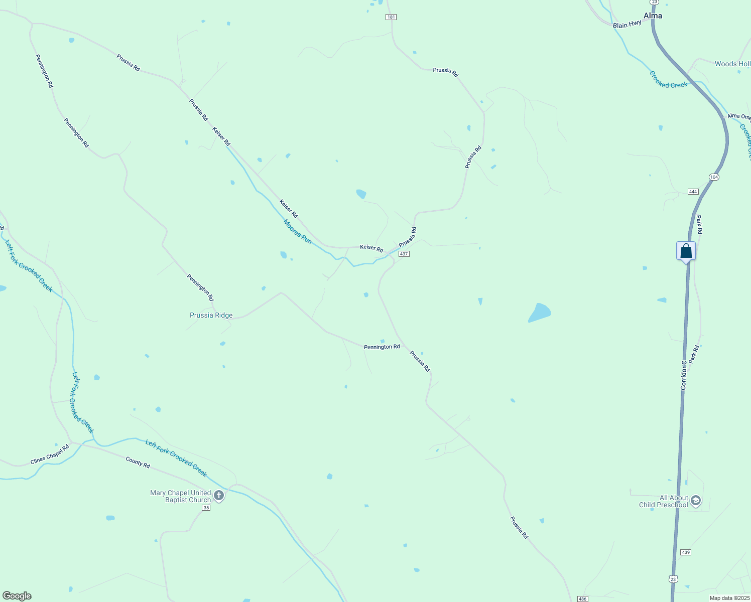 map of restaurants, bars, coffee shops, grocery stores, and more near 2234 Prussia Road in Waverly