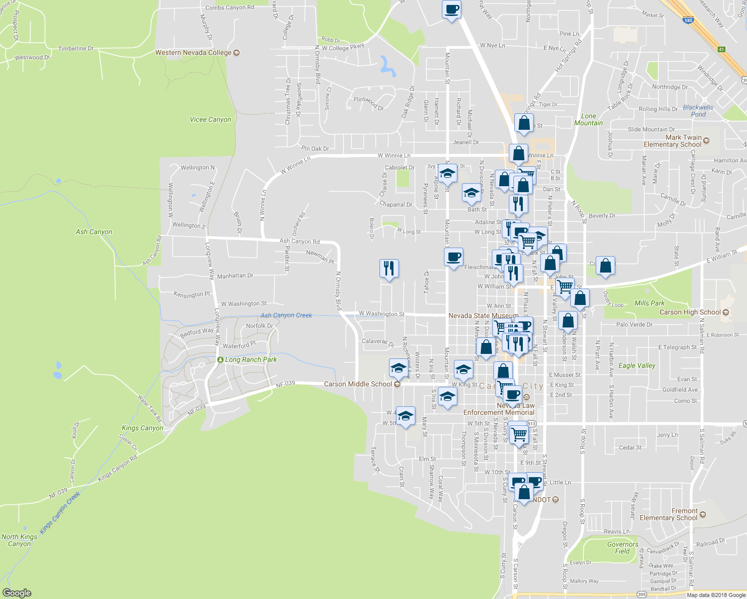 map of restaurants, bars, coffee shops, grocery stores, and more near 4 Yorktown Drive in Carson City