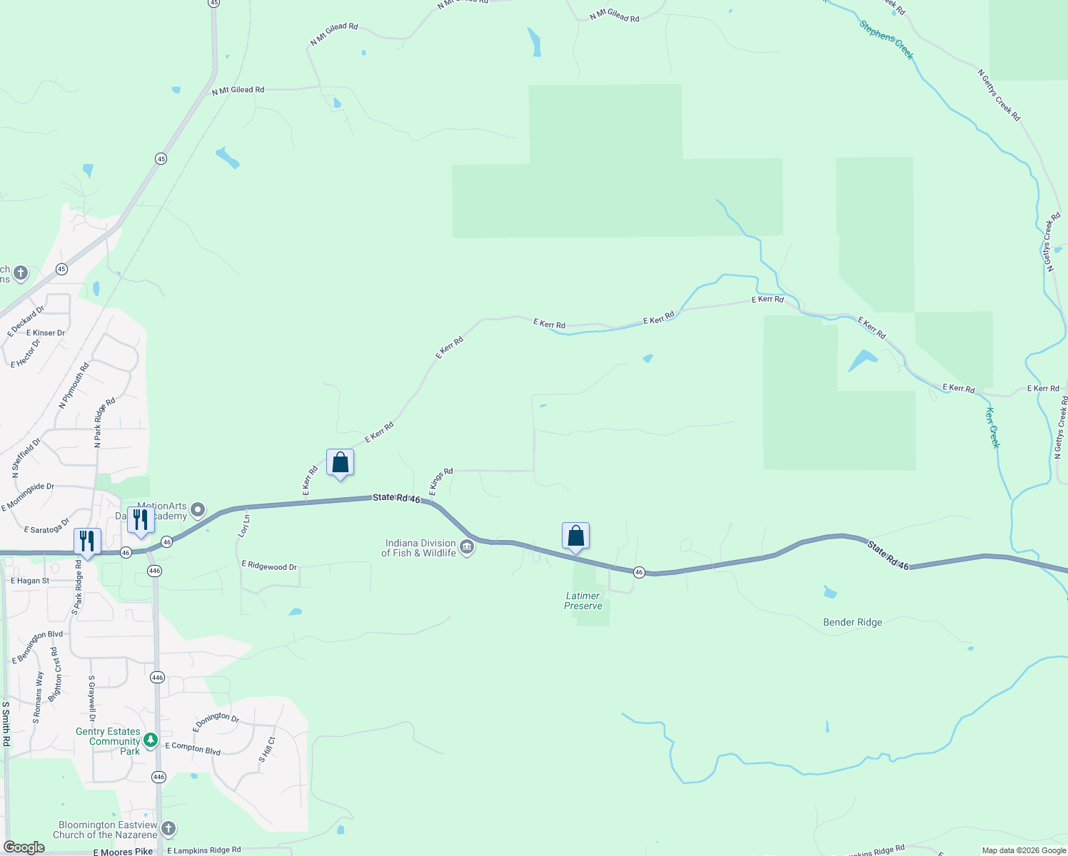 map of restaurants, bars, coffee shops, grocery stores, and more near 5601 Kings Road in Bloomington