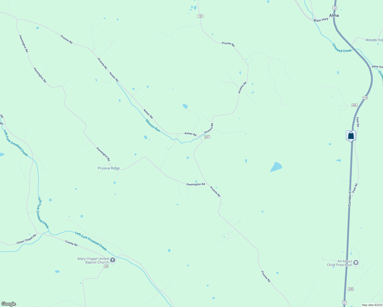 map of restaurants, bars, coffee shops, grocery stores, and more near 2234 Prussia Road in Waverly