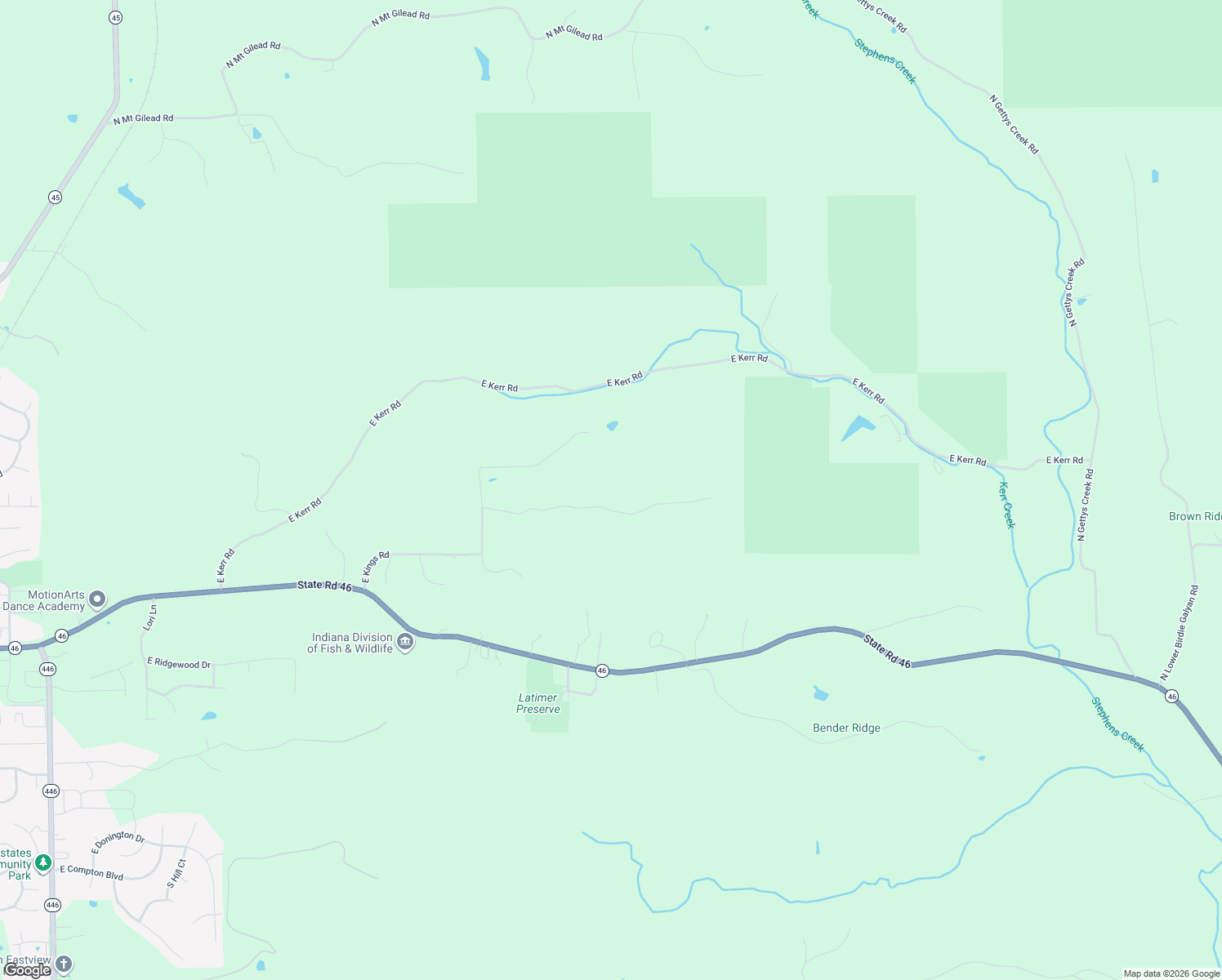 map of restaurants, bars, coffee shops, grocery stores, and more near 5455 East James Road in Bloomington