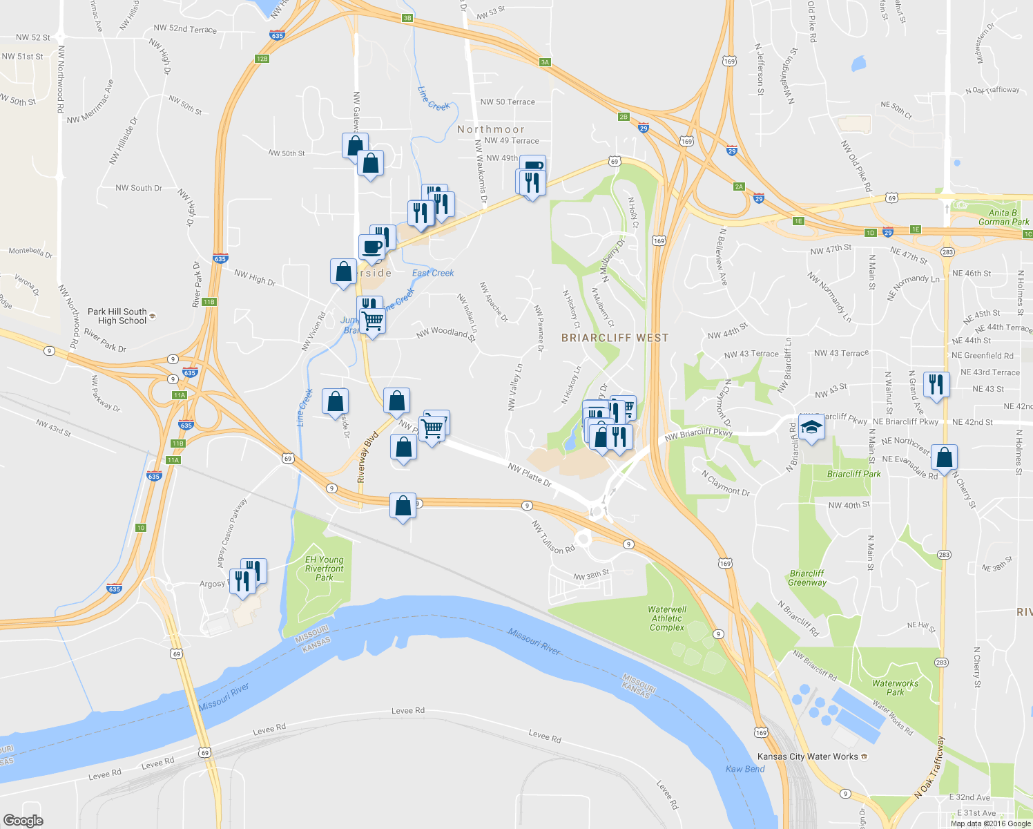 map of restaurants, bars, coffee shops, grocery stores, and more near 849 Northwest Valley Lane in Kansas City