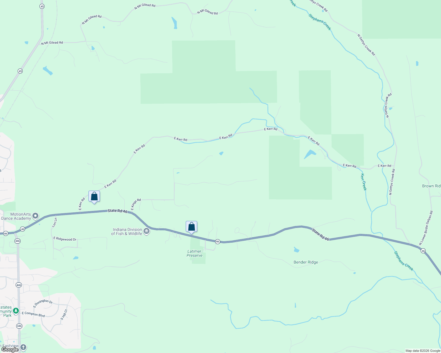 map of restaurants, bars, coffee shops, grocery stores, and more near 5455 East James Road in Bloomington