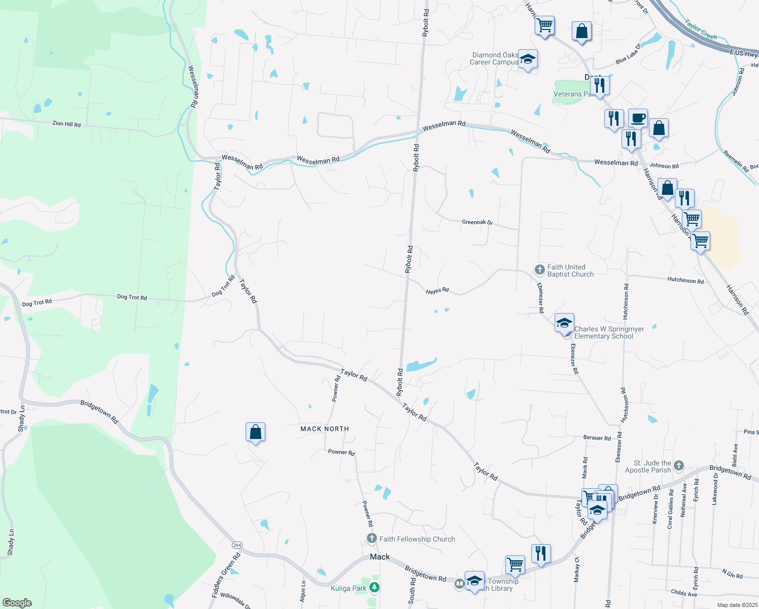 map of restaurants, bars, coffee shops, grocery stores, and more near 4321 Rybolt Road in Cincinnati