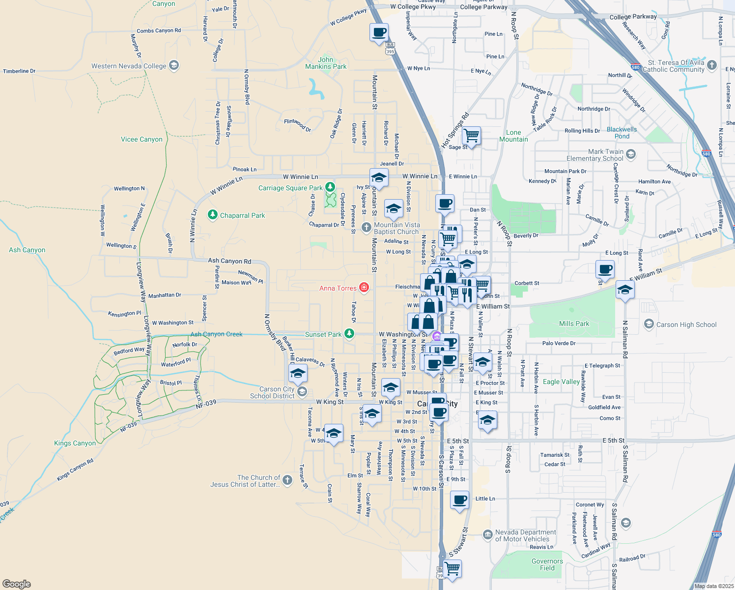 map of restaurants, bars, coffee shops, grocery stores, and more near 1200 Mountain St in Carson City